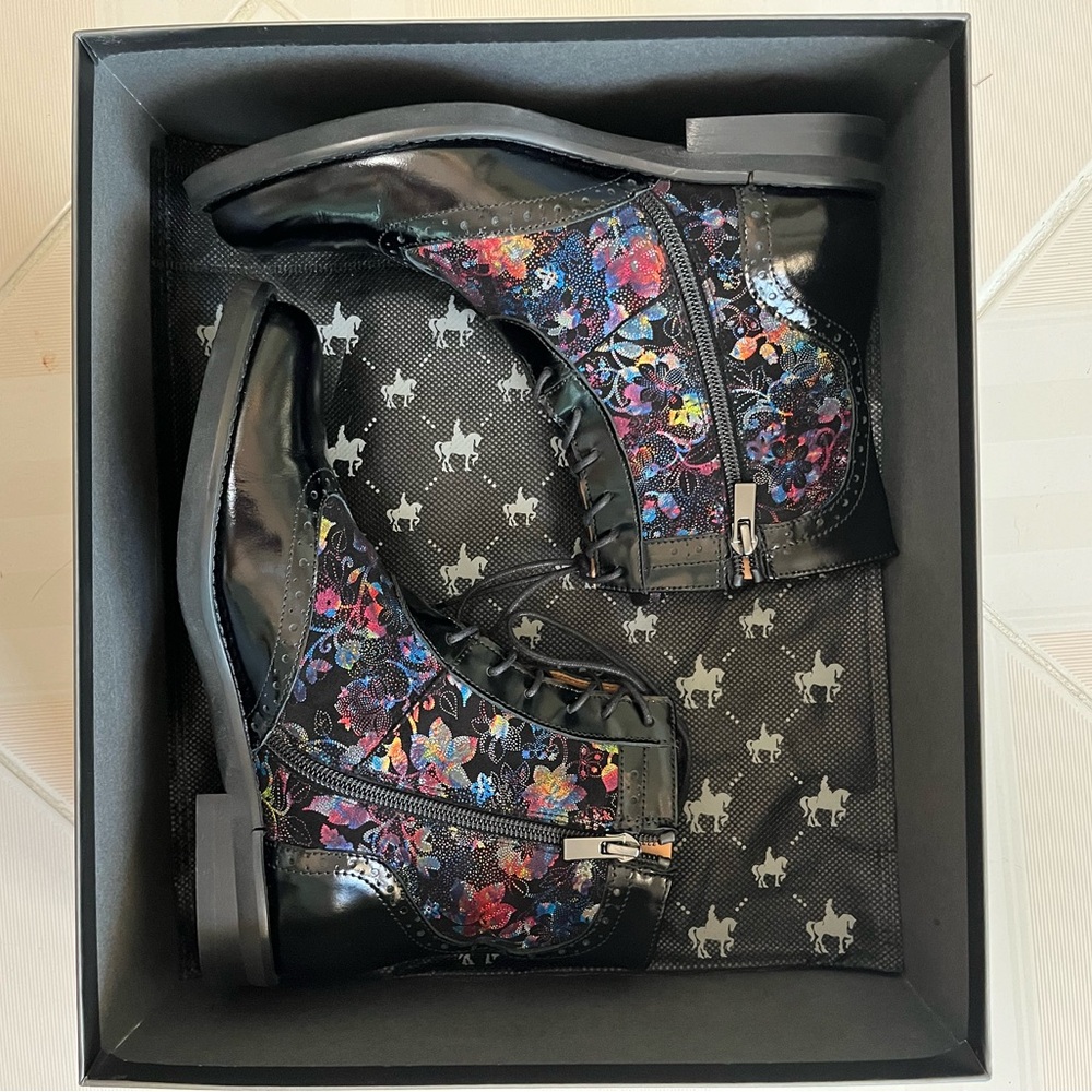 Black and embroidered Vintage Embassy London boots by Wolf & Badger.